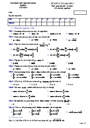 Đề kiểm tra môn Đại số Lớp 11 - Trường THPT Nguyễn Bình Khiêm